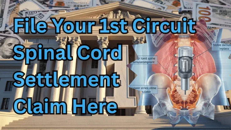 File Your 1st Circuit Spinal Cord Stimulator Settlement Claim Here text on depiction of First Circuit court with infected spine implant and high-value cash backdrop.