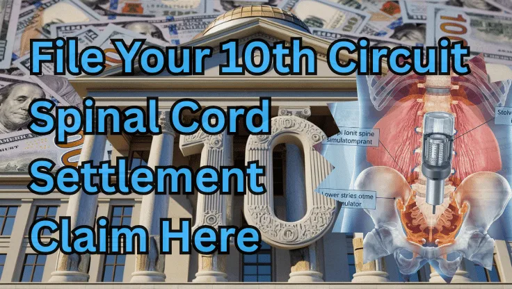 File Your 10th Circuit Spinal Cord Stimulator Settlement Claim Here text on depiction of Tenth Circuit court with infected spine implant and high-value cash backdrop.