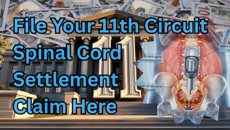 File Your 11th Circuit Spinal Cord Stimulator Settlement Claim Here text on depiction of Eleventh Circuit court with infected spine implant and high-value cash backdrop.