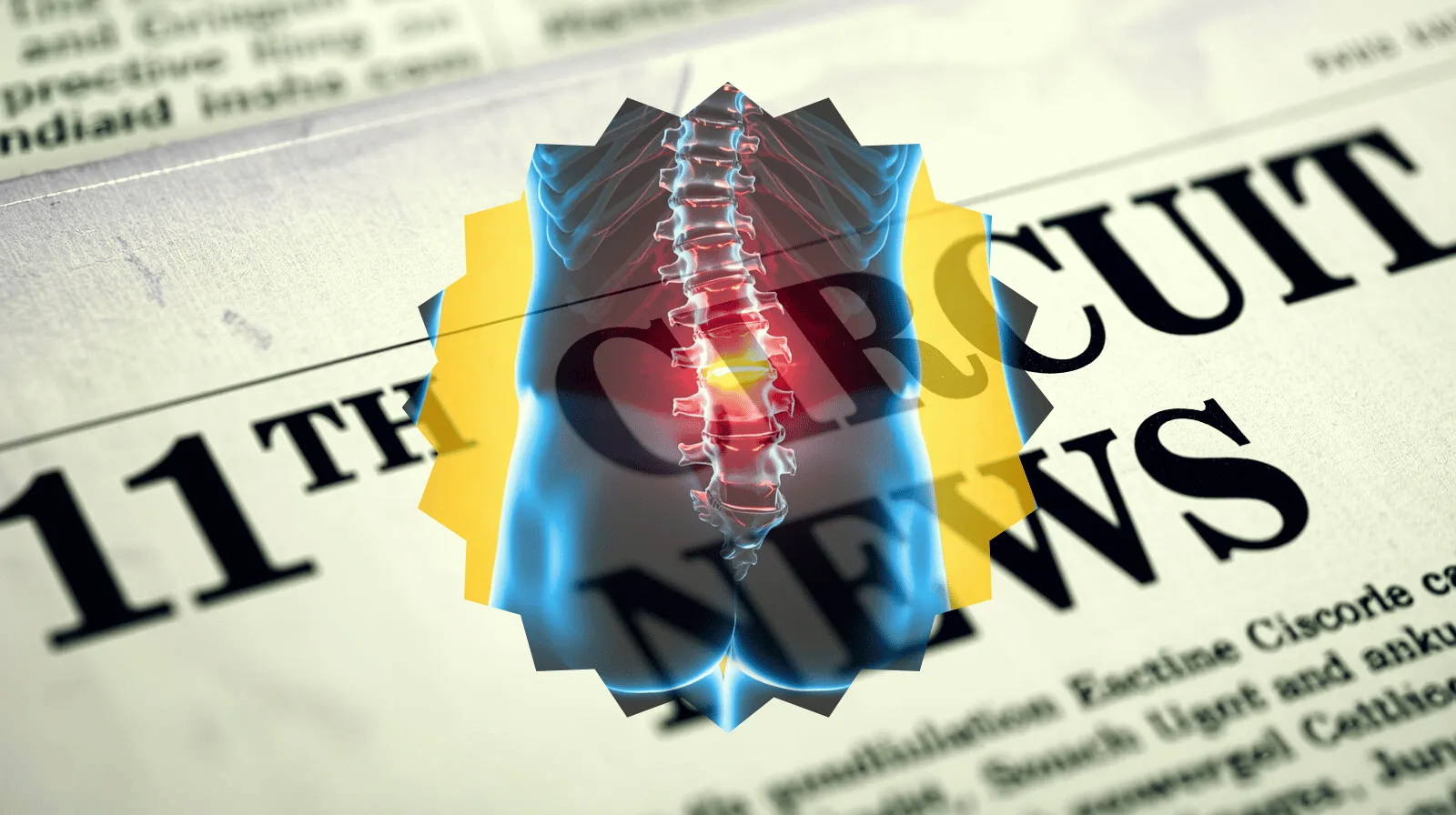 11th Circuit Spinal Cord Stimulator News headline featuring inflamed nerves in the lower back.