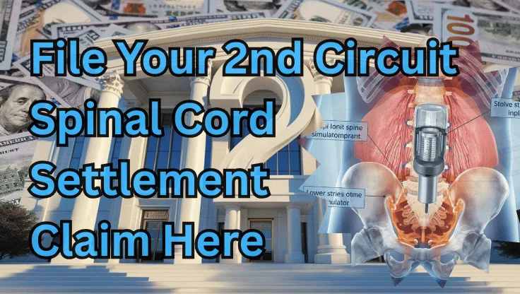 File Your 2nd Circuit Spinal Cord Stimulator Settlement Claim Here text on depiction of Second Circuit court with infected spine implant and high-value cash backdrop.