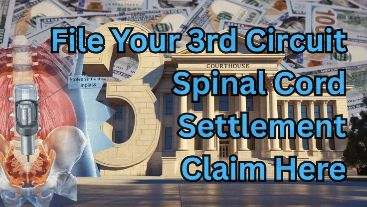 File Your 3rd Circuit Spinal Cord Stimulator Settlement Claim Here text on depiction of Third Circuit court with infected spine implant and high-value cash backdrop.
