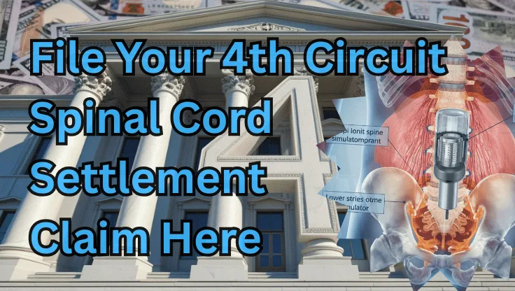 File Your 4th Circuit Spinal Cord Stimulator Settlement Claim Here text on depiction of Fourth Circuit court with infected spine implant and high-value cash backdrop.