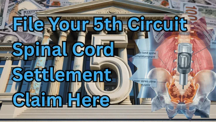 File Your 5th Circuit Spinal Cord Stimulator Settlement Claim Here text on depiction of Fifth Circuit court with infected spine implant and high-value cash backdrop.