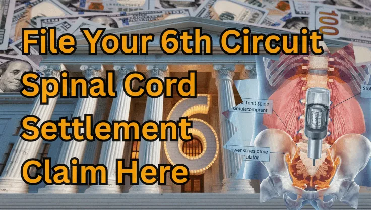 File Your 6th Circuit Spinal Cord Stimulator Settlement Claim Here text on depiction of Sixth Circuit court with infected spine implant and high-value cash backdrop.
