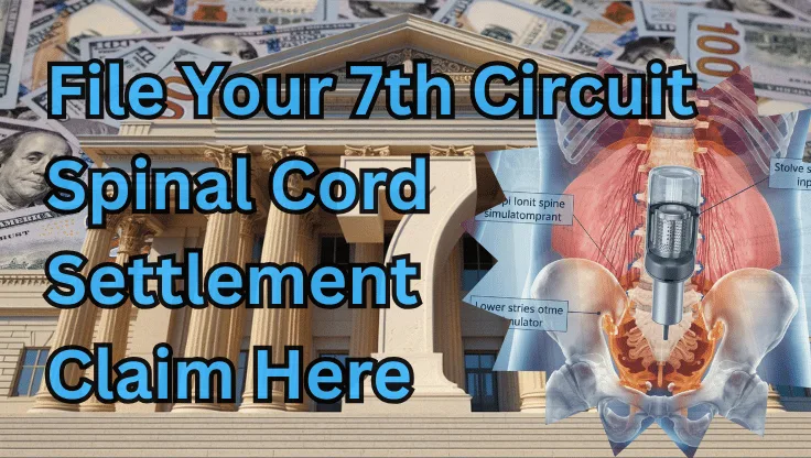 File Your 7th Circuit Spinal Cord Stimulator Settlement Claim Here text on depiction of Seventh Circuit court with infected spine implant and high-value cash backdrop.