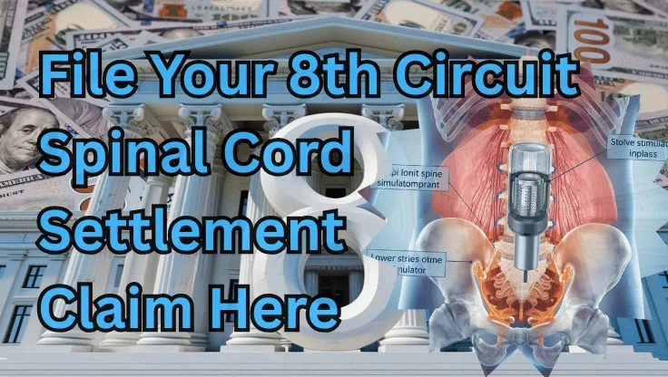 File Your 8th Circuit Spinal Cord Stimulator Settlement Claim Here text on depiction of Eighth Circuit court with infected spine implant and high-value cash backdrop.