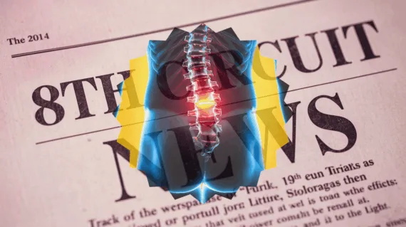 8th Circuit Spinal Cord Stimulator News headline featuring inflamed nerves in the lower back.