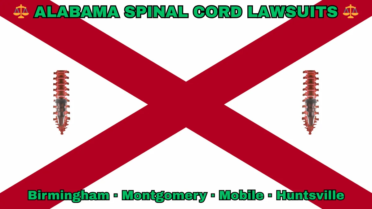 ALABAMA SPINAL CORD LAWSUITS: Birmingham, Montgomery, Mobile, and Huntsville text on AL state flag adorned with spine stimulators depicted near a red St. Andrew's cross on a white background.