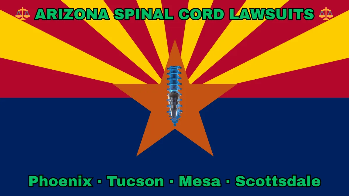 ARIZONA SPINAL CORD LAWSUITS: Phoenix, Tucson, Mesa, and Scottsdale text on AZ state flag adorned with spine stimulators depicted near red and yellow rays with a copper star above a blue field