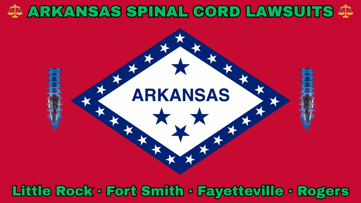 ARKANSAS SPINAL CORD LAWSUITS: Little Rock, Fort Smith, Fayetteville, and Rogers text on AR state flag adorned with spine stimulators depicted on a diamond-shaped border lined with stars