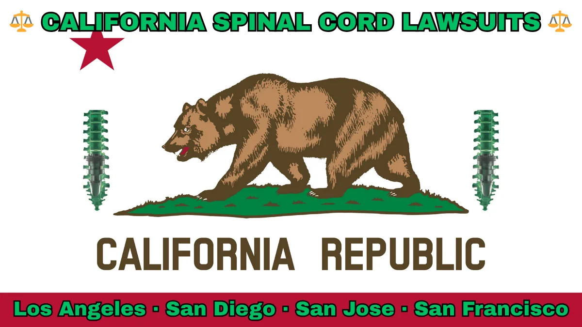 CALIFORNIA SPINAL CORD LAWSUITS: Los Angeles, San Diego, San Jose, and San Francisco text on CA state flag adorned with spine stimulators depicted near a grizzly bear and red star.