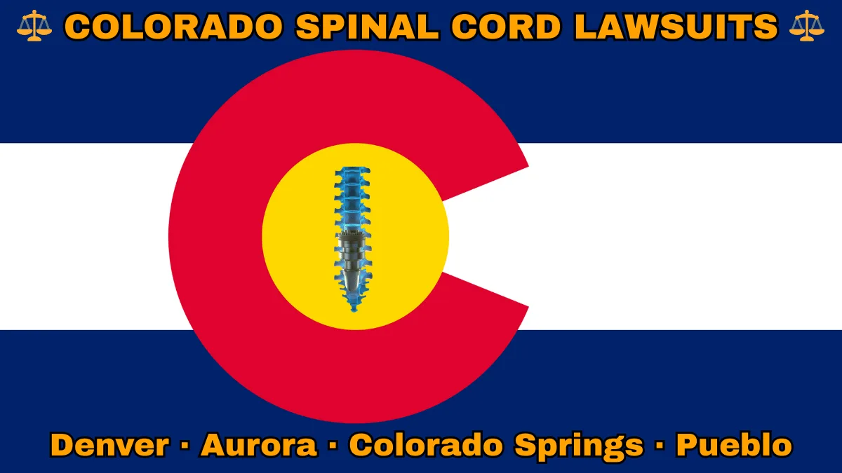 COLORADO SPINAL CORD LAWSUITS: Denver, Aurora, Colorado Springs, and Pueblo text on CO state flag adorned with spine stimulators depicted near an old red "C" with a golden circle on blue and white stripes