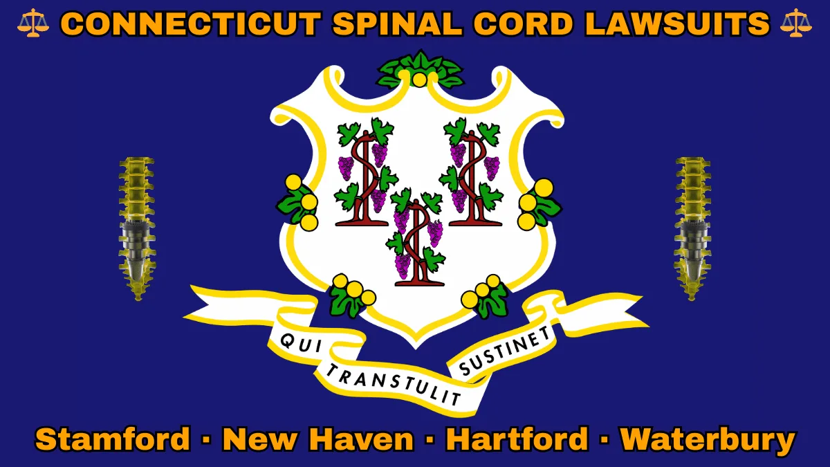 CONNECTICUT SPINAL CORD LAWSUITS: Stamford, New Haven, Hartford, and Waterbury text on CT state flag adorned with spine stimulators depicted on a blue field near a white shield and three grapevines