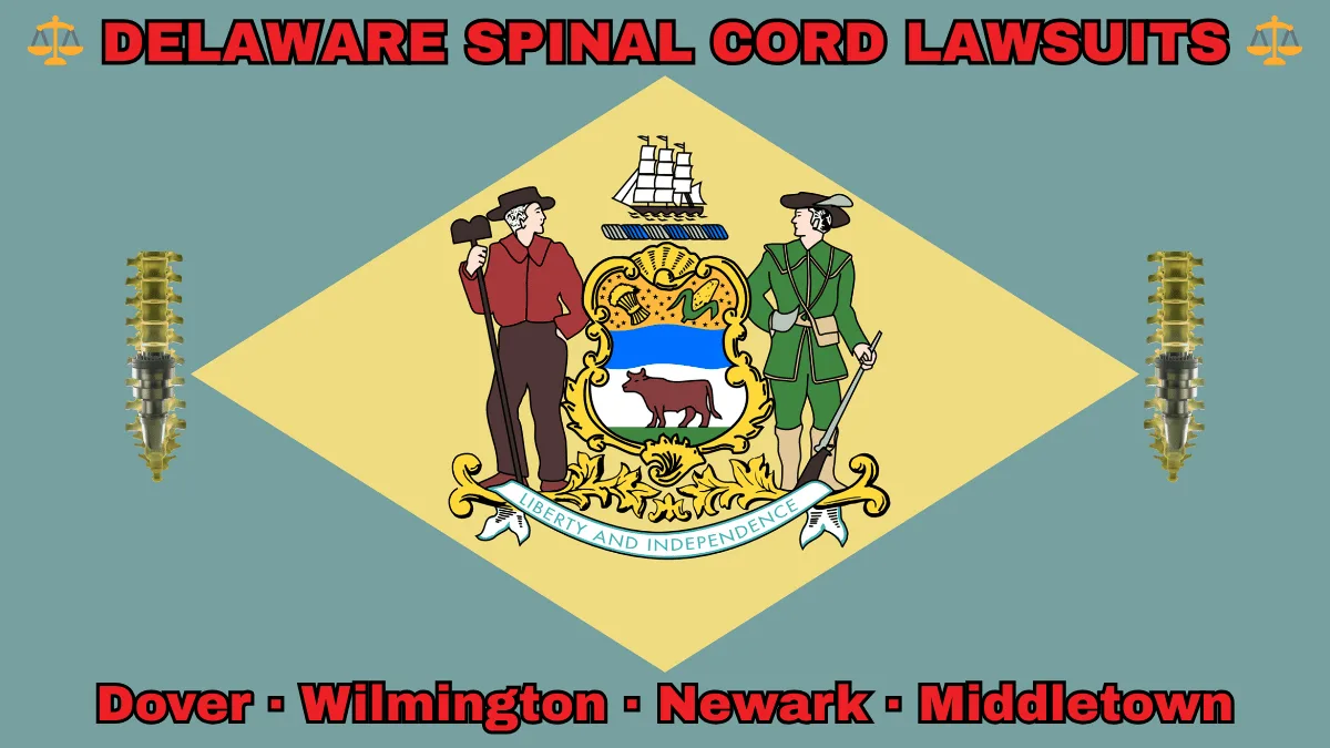 DELAWARE SPINAL CORD LAWSUITS: Dover, Wilmington, Newark, and Middletown text on DE state flag adorned with spine stimulators depicted near a coat of arms and 1787 date