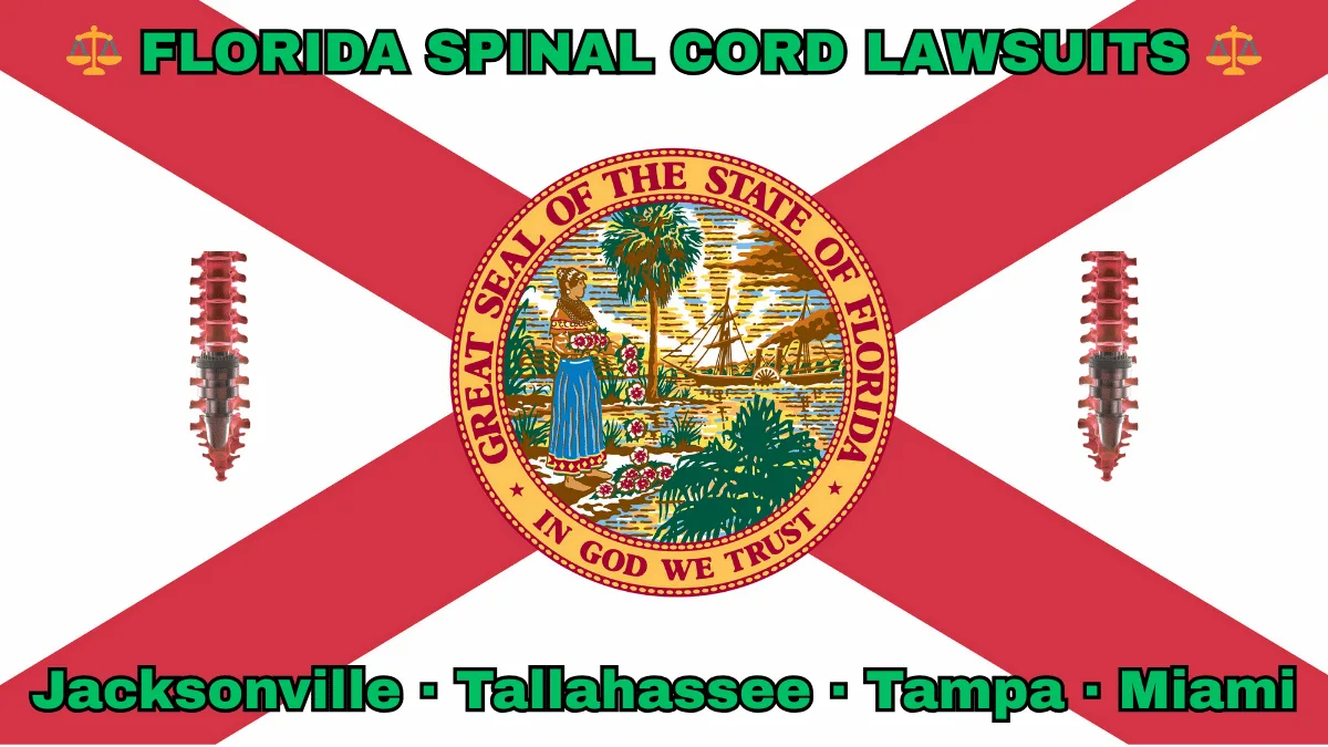 FLORIDA SPINAL CORD LAWSUITS: Jacksonville, Tallahassee, Tampa, and Miami text on FL state flag adorned with spine stimulators depicted near a red cross and SEAL of a Seminole woman scattering flowers by a shoreline with a boat, palm trees, and sunlight.