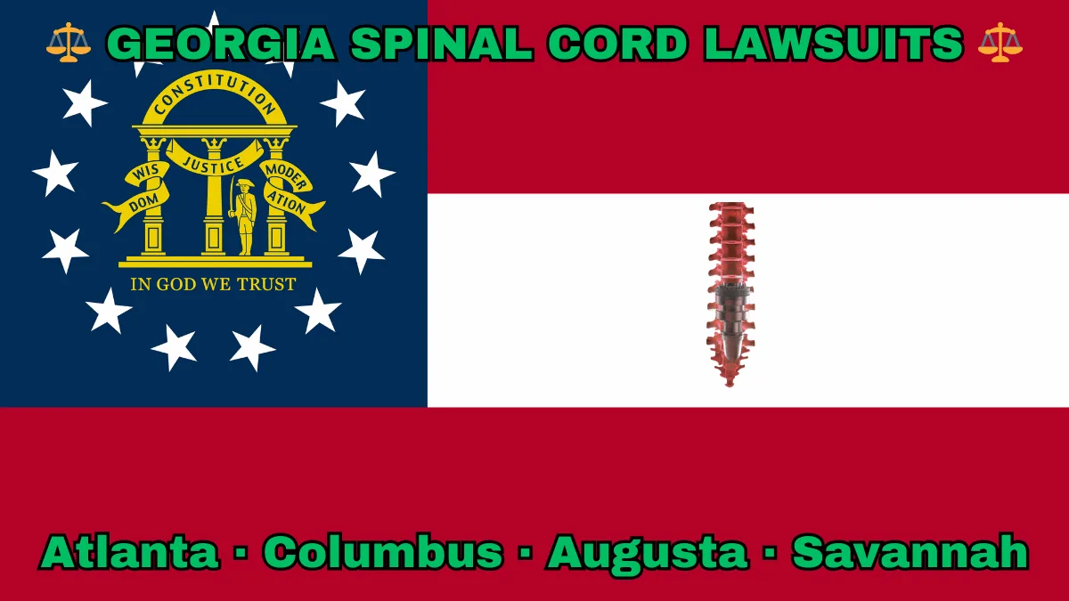 GEORGIA SPINAL CORD LAWSUITS: Atlanta, Columbus, Augusta, and Savannah text on GA state flag adorned with spine stimulators depicted near a gold arch on blue canton with three pillars and 13 white stars, next to three thick red and white stripes.