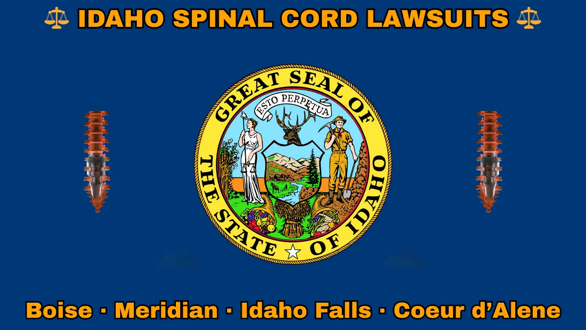 IDAHO SPINAL CORD LAWSUITS: Boise, Meridian, Idaho Falls, and Coeur d’Alene text on ID state flag adorned with spine stimulators depicted on a blue field near the official seal and banner