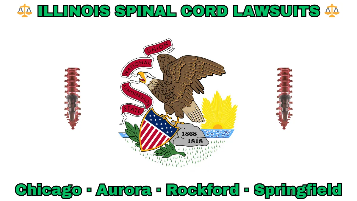 ILLINOIS SPINAL CORD LAWSUITS: Chicago, Aurora, Rockford, and Springfield text on IL state flag adorned with spine stimulators depicted near a bald eagle perched on a rock and holding a shield, as the sun shines bright.