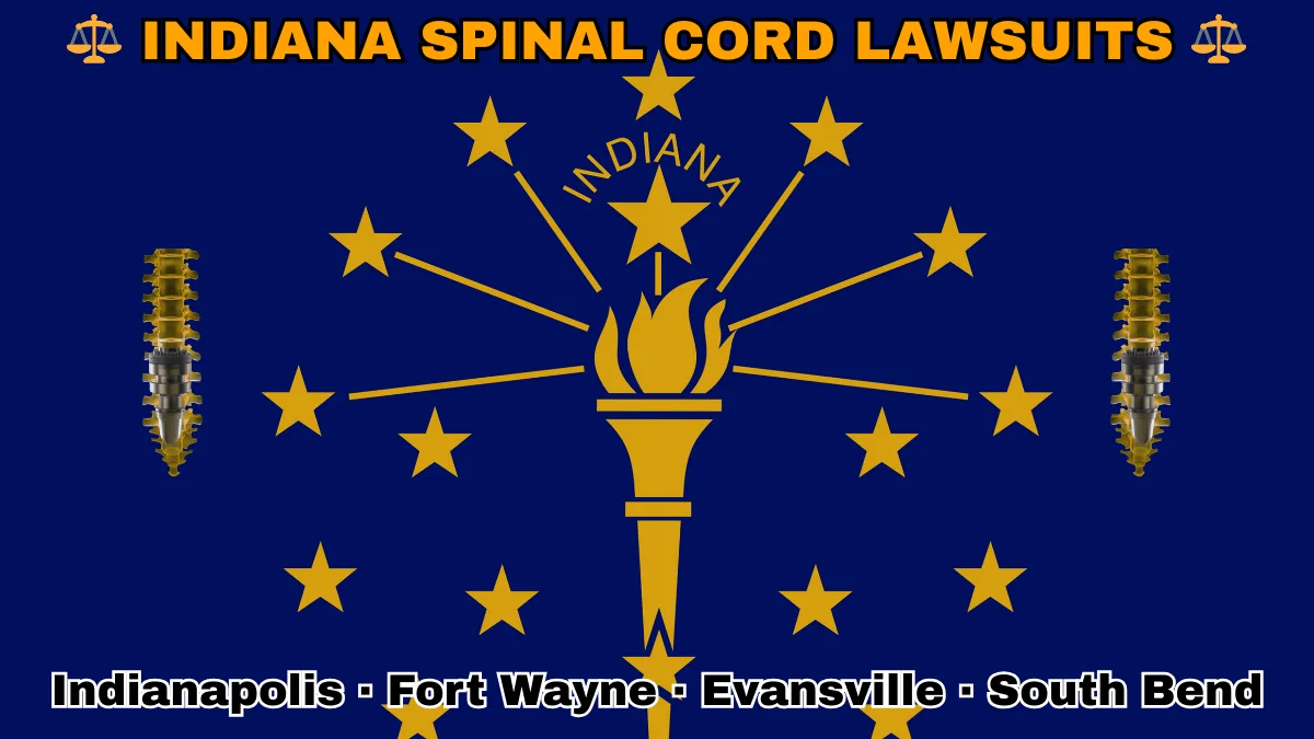 INDIANA SPINAL CORD LAWSUITS: Indianapolis, Fort Wayne, Evansville, and South Bend text on IN state flag adorned with spine stimulators depicted near a gold torch and stars.