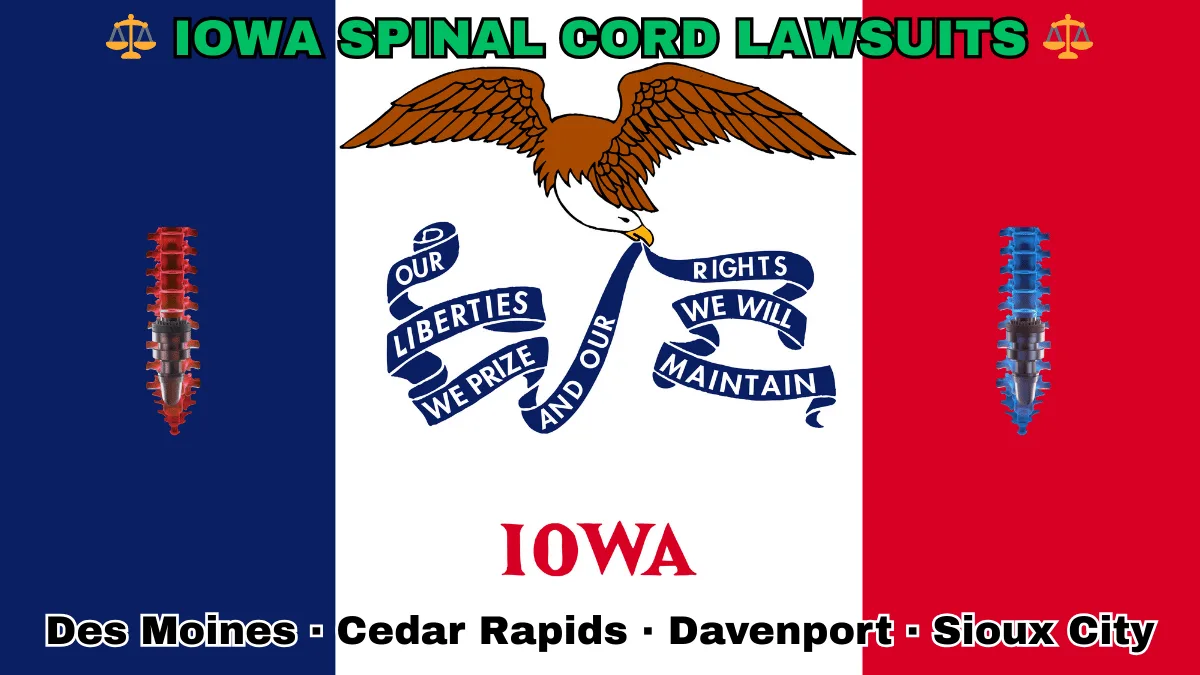 IOWA SPINAL CORD LAWSUITS: Boise, Meridian, Idaho Falls, Coeur d'Alene text on IA state flag adorned with spine stimulators depicted along blue, white, and red vertical stripes near an eagle and banner