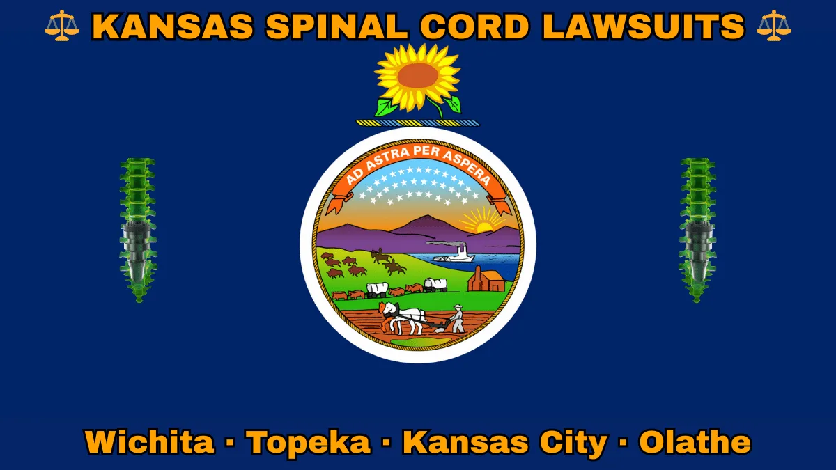 KANSAS SPINAL CORD LAWSUITS: Wichita, Kansas City, Olathe, and Topeka text on KS state flag adorned with spine stimulators depicted on a blue background near the official seal and a sunflower emblem