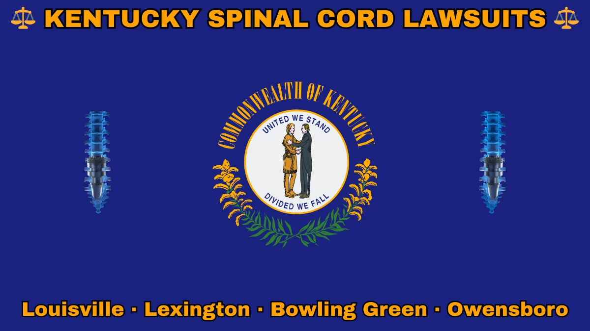 KENTUCKY SPINAL CORD LAWSUITS: Louisville, Lexington, Bowling Green, and Owensboro text on KY state flag adorned with spine stimulators depicted on a blue field near the official seal and “UNITED WE STAND” motto