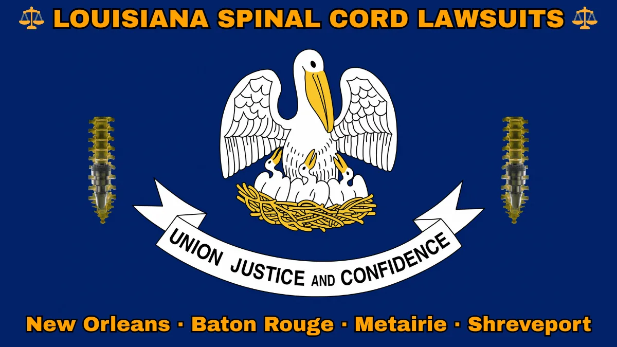 LOUISIANA SPINAL CORD LAWSUITS: New Orleans, Baton Rouge, Metairie, and Shreveport text on LA state flag adorned with spine stimulators depicted near a pelican feeding chicks with motto “UNION, JUSTICE, CONFIDENCE"