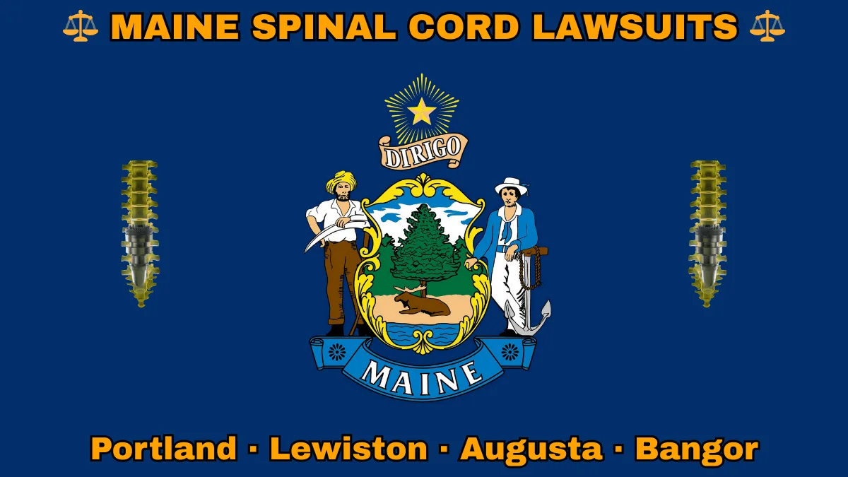 MAINE SPINAL CORD LAWSUITS: Portland, Lewiston, Augusta, and Bangor text on ME state flag adorned with spine stimulators depicted on a blue field near a shield, pine tree, moose, and “DIRIGO” motto