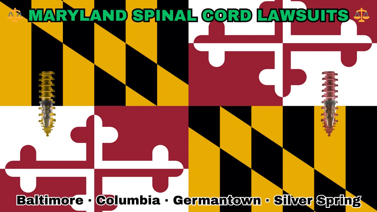 MARYLAND SPINAL CORD LAWSUITS: Baltimore, Columbia, Germantown, and Silver Spring text on MD state flag adorned with spine stimulators depicted near red and white crosses, and black and gold checkered Calvert arms.