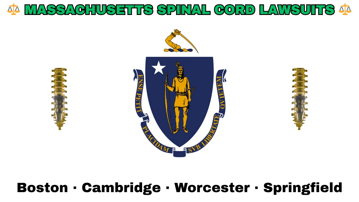 MASSACHUSETTS SPINAL CORD LAWSUITS: Boston, Cambridge, Worcester, and Springfield text on MA state flag adorned with spine stimulators depicted near a shield featuring a Native American person with bow and arrow under a star and sword.