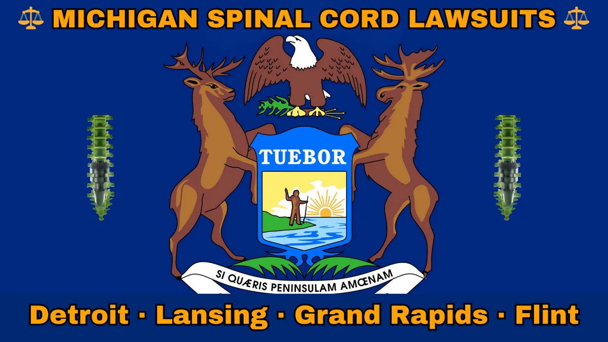 MICHIGAN SPINAL CORD LAWSUITS: Detroit, Lansing, Grand Rapids, and Flint text on MI state flag adorned with spine stimulators depicted near an elk, moose and bald eagle flanking a shield featuring a man standing on a sunny lake with a raised hand and rifle.