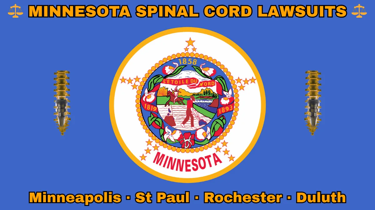MINNESOTA SPINAL CORD LAWSUITS: Minneapolis, St Paul, Rochester, and Duluth text on MN state flag adorned with spine stimulators depicted on blue background near the official seal featuring a wreath of pink-and-white lady’s slippers