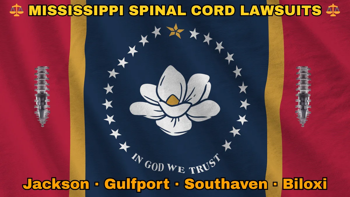 MISSISSIPPI SPINAL CORD LAWSUITS: Jackson, Gulfport, Southaven, and Biloxi text on MS state flag adorned with spine stimulators depicted along red, gold, and blue stripes near magnolia blossom and stars