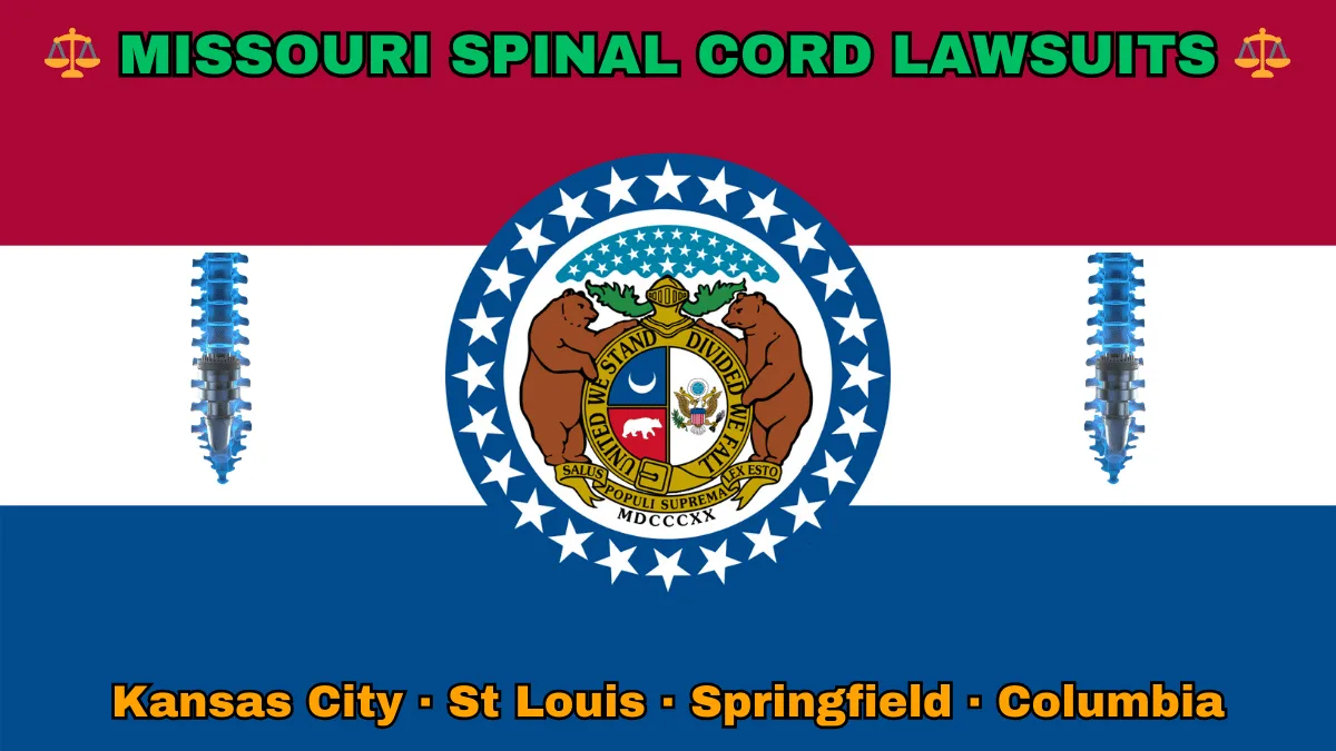 MISSOURI SPINAL CORD LAWSUITS: Kansas City, St Louis, Springfield, and Columbia text on MO state flag adorned with spine stimulators depicted near a ring of stars featuring two grizzly bears, a shield, and crescent moon, all on a red, white and blue background.