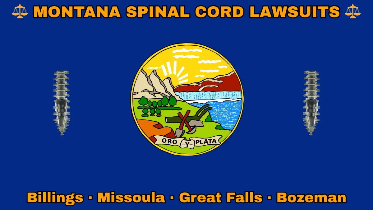 MONTANA SPINAL CORD LAWSUITS: Billings, Missoula, Great Falls, and Bozeman text on MT state flag adorned with spine stimulators depicted on a blue field near official seal featuring a plow and mountains