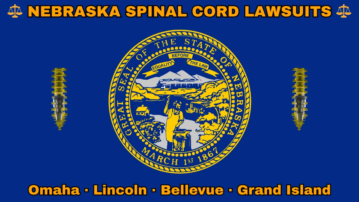 NEBRASKA SPINAL CORD LAWSUITS: Omaha, Lincoln, Bellevue, and Grand Island text on NE state flag adorned with spine stimulators depicted on a dark blue field near the official seal in gold