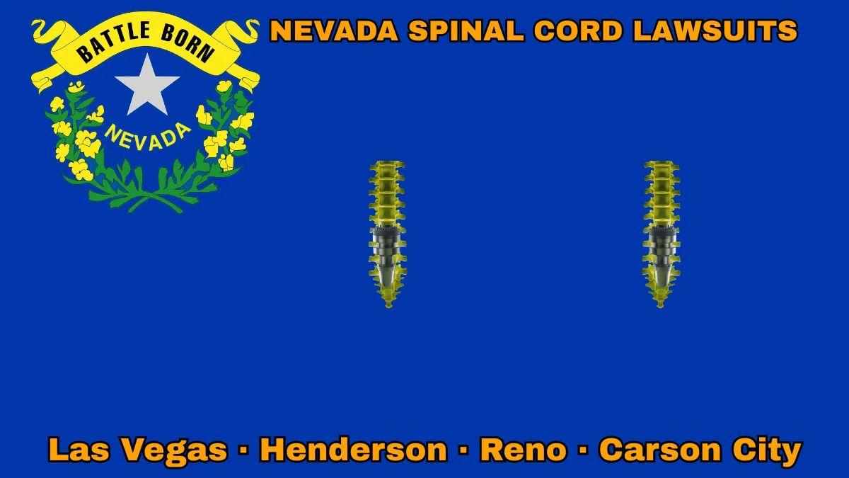 NEVADA SPINAL CORD LAWSUITS: Las Vegas, Henderson, Reno, and Carson City text on NV state flag adorned with spine stimulators depicted on a blue field near a silver star and “BATTLE BORN” motto