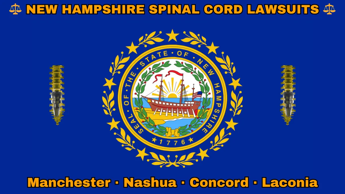 NEW HAMPSHIRE SPINAL CORD LAWSUITS: Manchester, Nashua, Concord, and Laconia text on NH state flag adorned with spine stimulators depicted on blue field near a Portsmouth's frigate encircled by laurel leaves and stars
