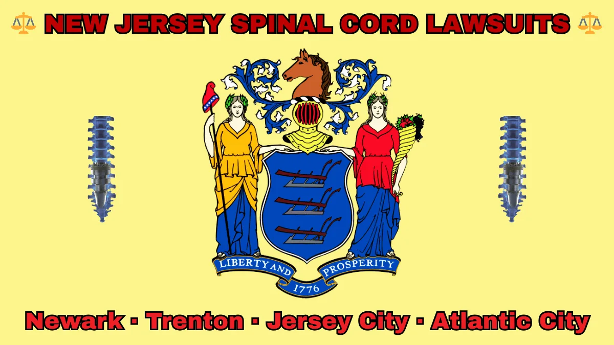 NEW JERSEY SPINAL CORD LAWSUITS: Newark, Trenton, Jersey City, and Atlantic City text on NJ state flag adorned with spine stimulators depicted near a shield with three plows, the goddesses Liberty and Ceres, and a horse head.