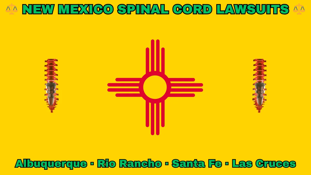 NEW MEXICO SPINAL CORD LAWSUITS: Albuquerque, Rio Rancho, Santa Fe, and Las Cruces text on NM state flag adorned with spine stimulators depicted on a yellow background near a red Zia sun symbol