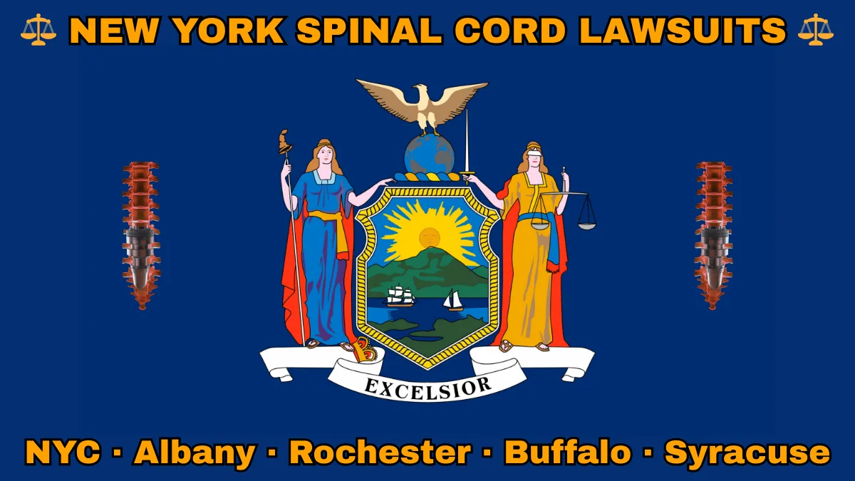 NEW YORK SPINAL CORD LAWSUITS: NYC, Albany, Rochester, Buffalo, and Syracuse text on NY state flag adorned with spine stimulators depicted near Liberty and Justice holding a sword and scales, an eagle atop a globe, and a shield featuring the sun shining over the mountains onto Hudson River boaters.