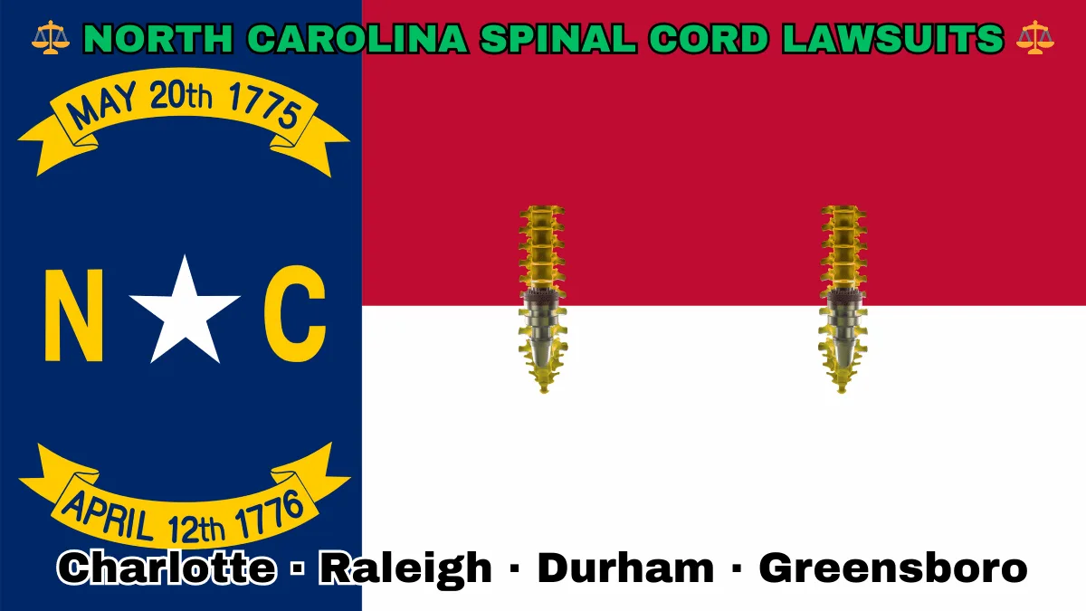 NORTH CAROLINA SPINAL CORD LAWSUITS: Charlotte, Raleigh, Durham, and Greensboro text on NC state flag adorned with spine stimulators depicted near a star along blue, red and white color blocks.
