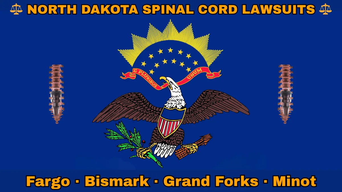 NORTH DAKOTA SPINAL CORD LAWSUITS: Fargo, Bismark, Grand Forks, and Minot text on ND state flag adorned with spine stimulators depicted on a blue field near a bald eagle, ribbon, and shield.