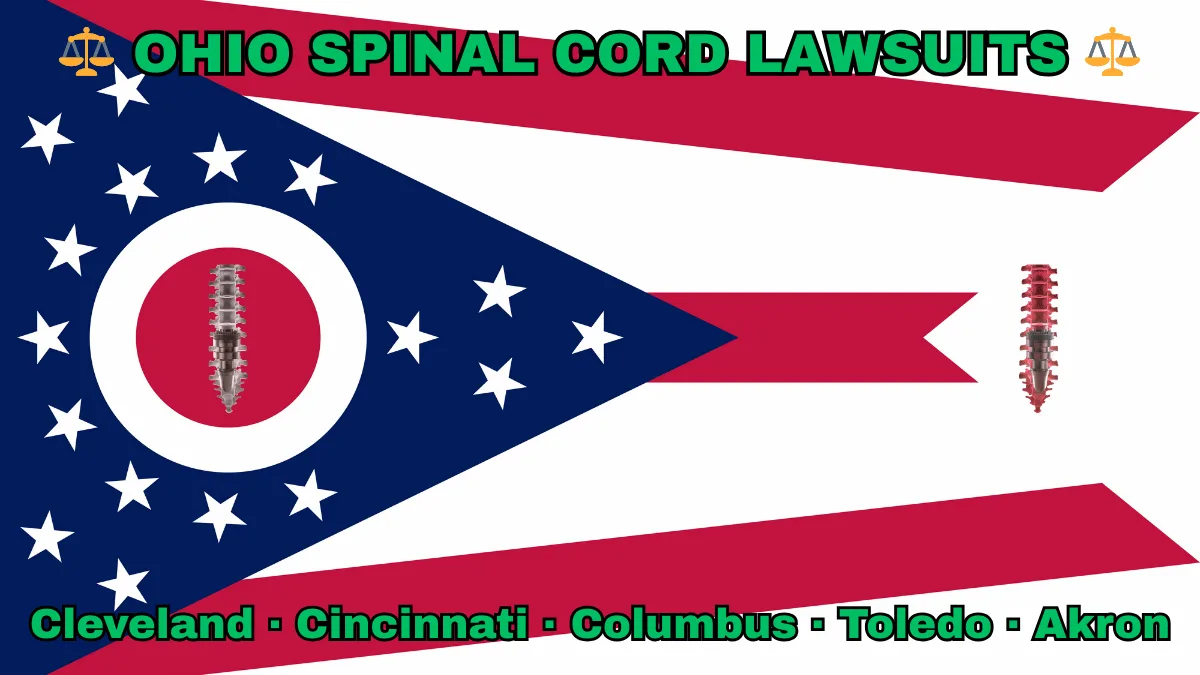 OHIO SPINAL CORD LAWSUITS: Cleveland, Cincinnati, Columbus, Toledo, and Akron text on OH state flag adorned with spine stimulators depicted near a triangular swallowtail with red, white, and blue stripes and stars.