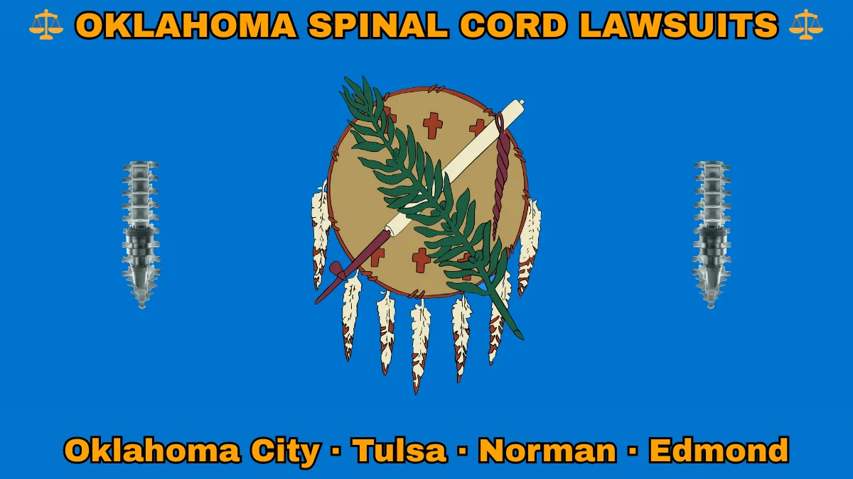 OKLAHOMA SPINAL CORD LAWSUITS: Oklahoma City, Tulsa, Norman, and Edmond text on OK state flag adorned with spine stimulators depicted on a sky blue field near an Osage shield featuring an olive branch and peace pipe