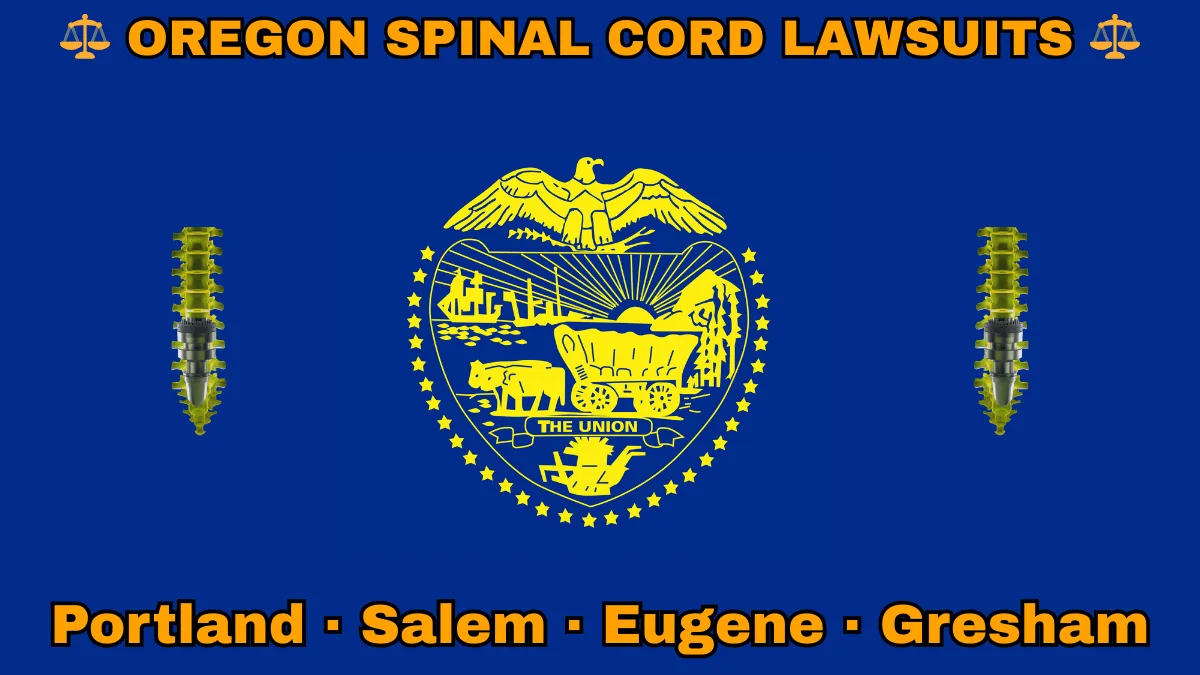 OREGON SPINAL CORD LAWSUITS: Portland, Salem, Eugene, and Gresham text on OR state flag adorned with spine stimulators depicted on a blue field near a gold seal featuring a covered wagon, an eagle, mountains, and a setting sun, with the year 1859 below.