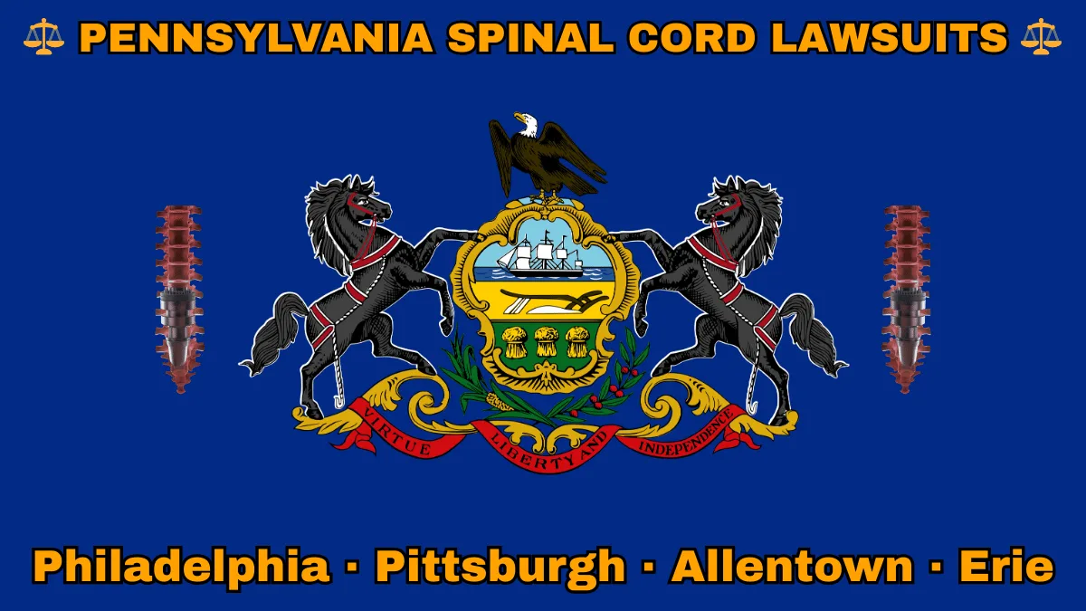 PENNSYLVANIA SPINAL CORD LAWSUITS: Philadelphia, Pittsburgh, Allentown, and Erie text on PA state flag adorned with spine stimulators depicted near horses and an eagle flanking a shield featuring a ship, plow, and sheaves of wheat.
