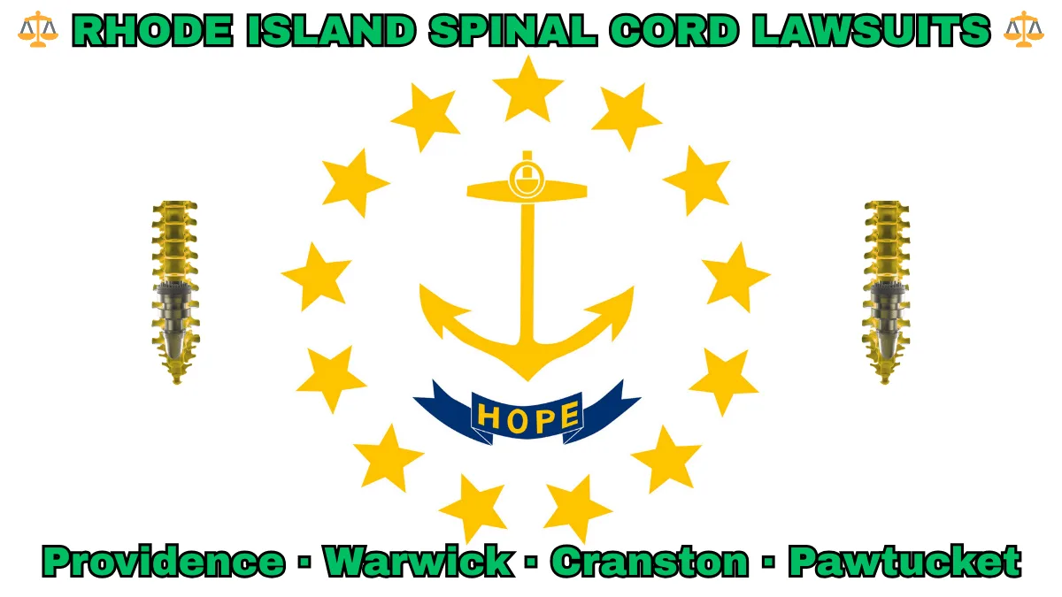 RHODE ISLAND SPINAL CORD LAWSUITS: Providence, Warwick, Cranston, and Pawtucket text on RI state flag adorned with spine stimulators depicted on a white background near an anchor, gold stars, and “HOPE” motto