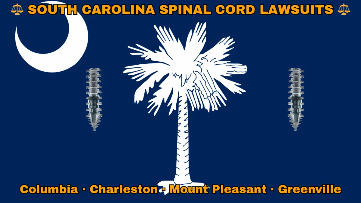 SOUTH CAROLINA SPINAL CORD LAWSUITS: Columbia, Charleston, Mount Pleasant, and Greenville text on SC state flag adorned with spine stimulators depicted on a blue field near a white palmetto tree and crescent moon